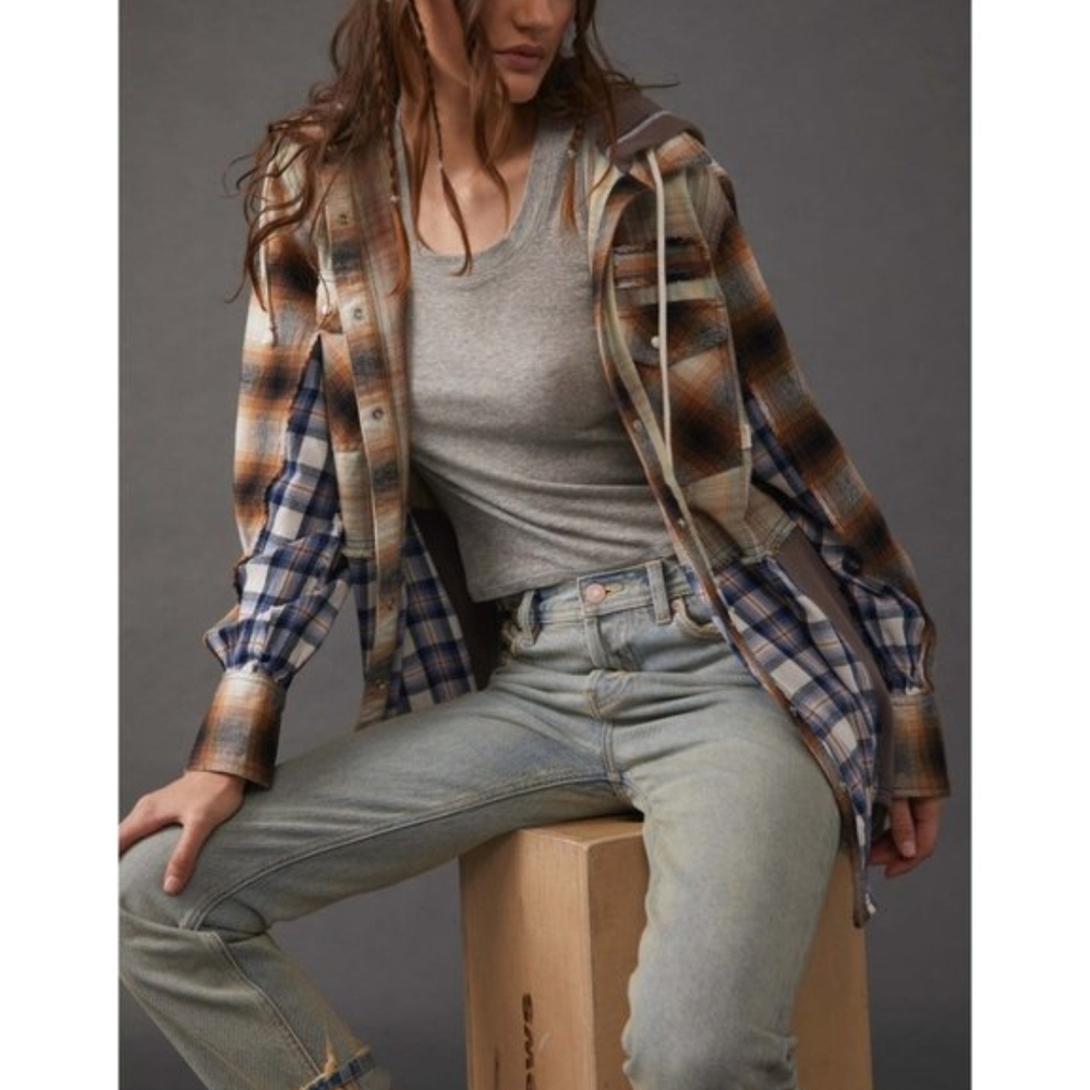 We The Free People BLUE RIDGE Mixed Plaid + Media Hoodie Hooded Jacket Shacket - Picture 3 of 16